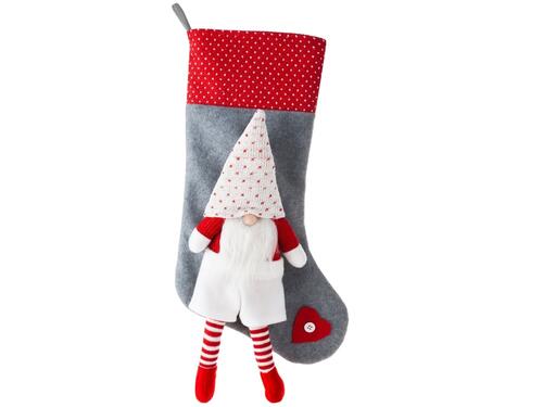 Vianočná dekorácia - Šedá ponožka s 3D bieločerveným škriatkom, 50 cm
